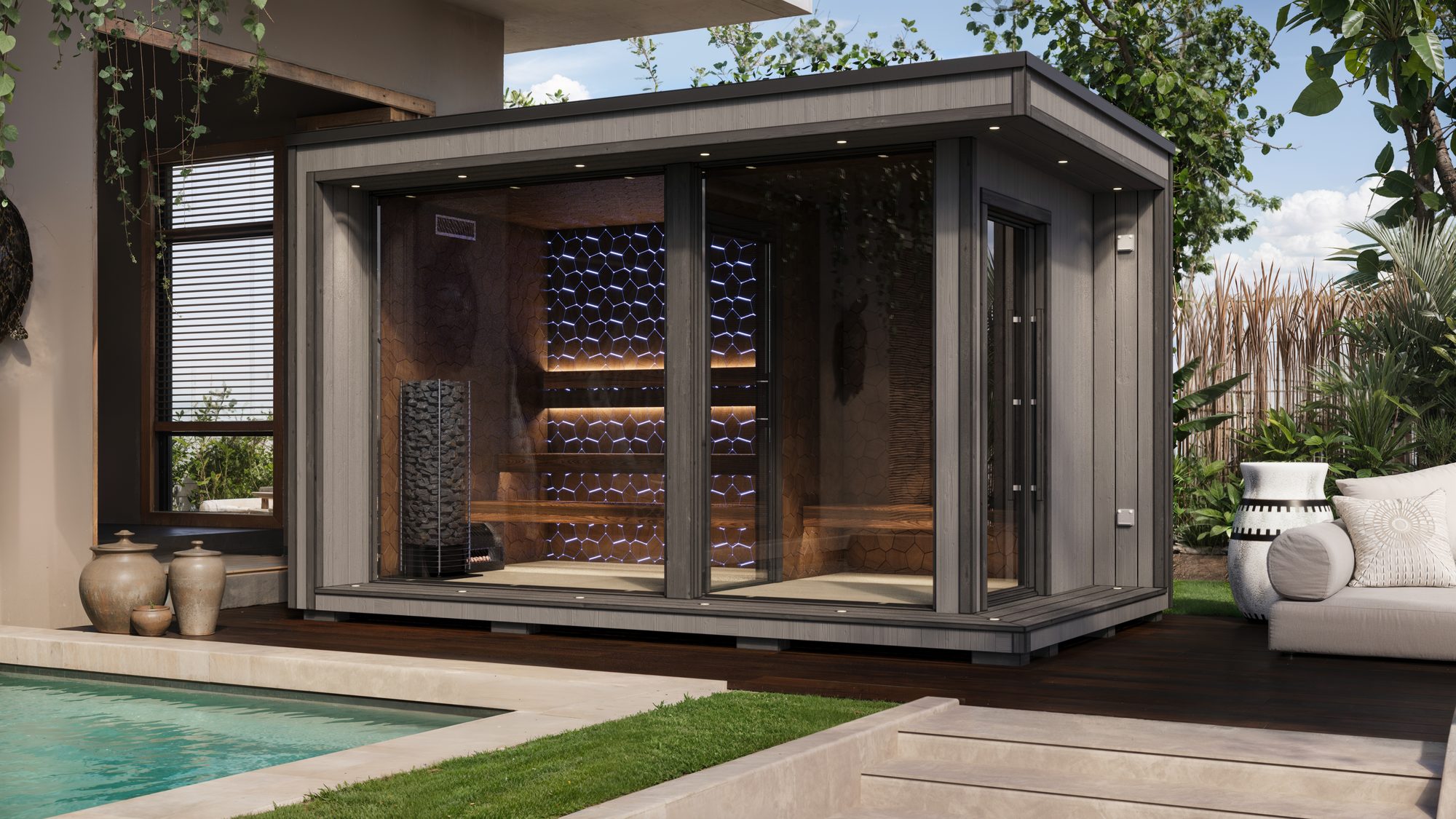 The Grande mobile sauna at dusk