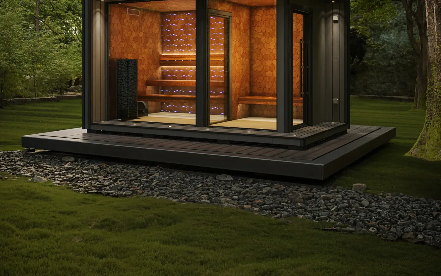 A charred-timber sauna glowing amber in a dusk forest