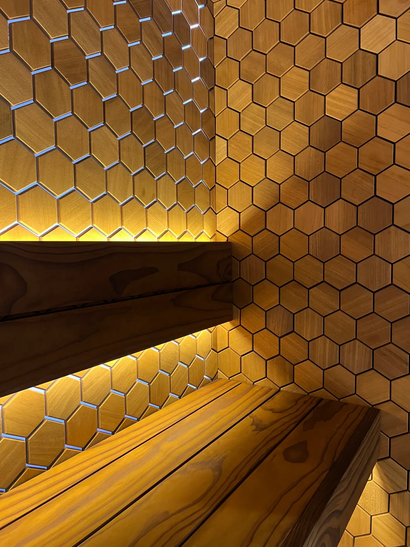 Backlit honeycomb cedar tiles, up close