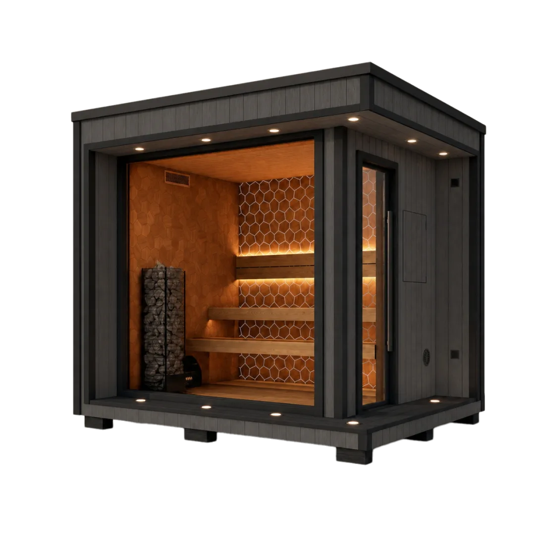 The Medium — a cube sauna with corner glass and tiered benches around the heater