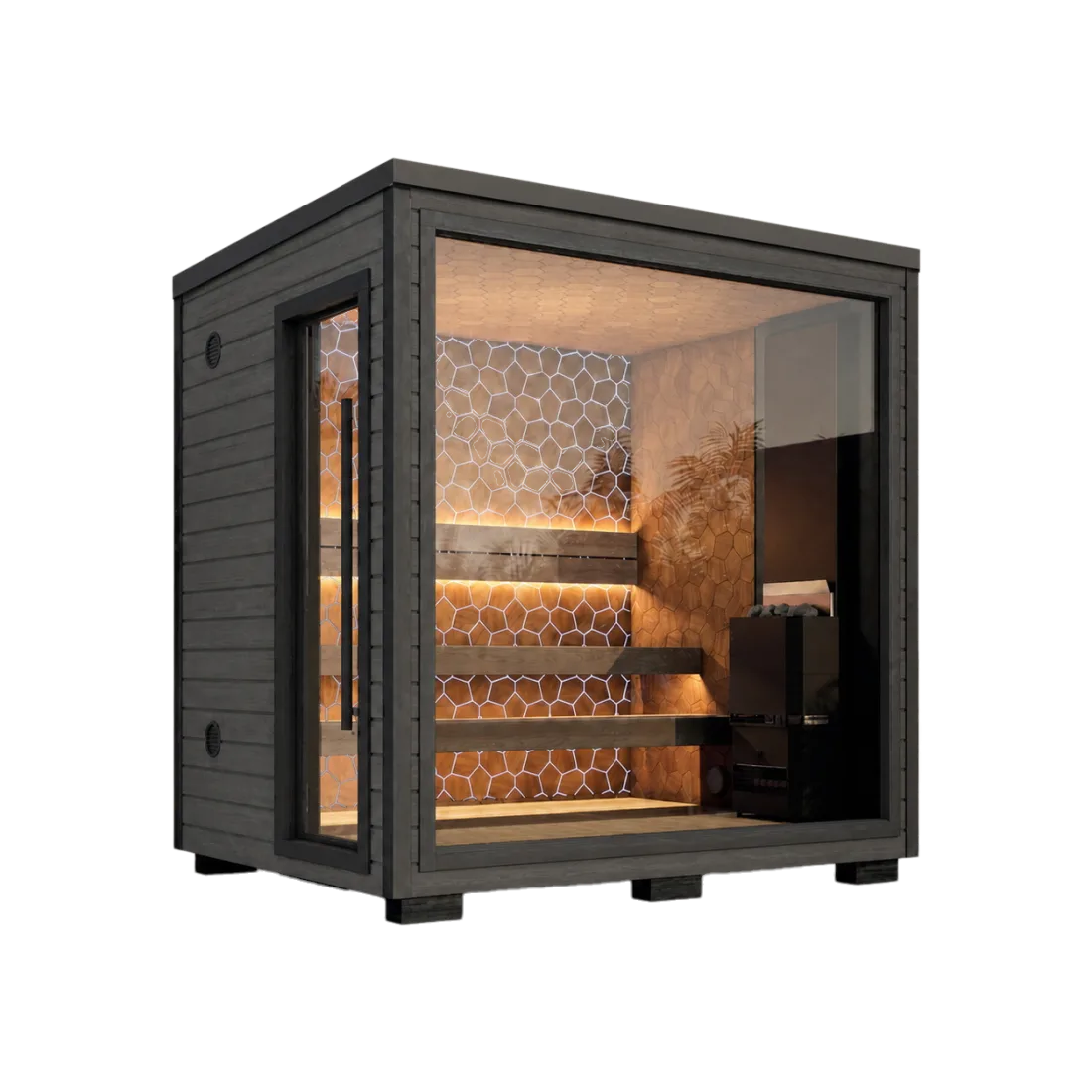 The Mini — a compact glass-fronted sauna cube glowing from within